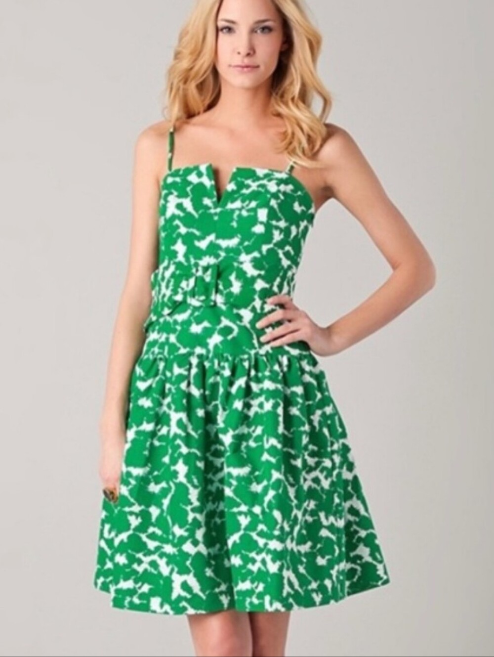 Milly Of NY Green & White Abstract Print Drop Waist Dress